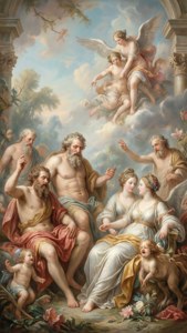 Jean Baptiste Marie Pierre Tapete mit mythologischen Figuren in sanften Pastelltönen