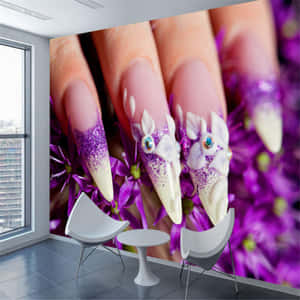Wallpaper featuring detailed purple and white glitter nails with floral designs in a modern room. — Purple Nails Picture