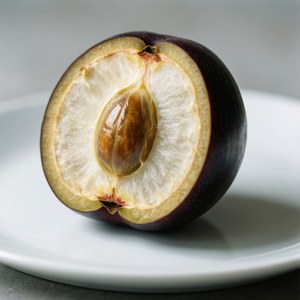 Ein detailliertes Makro einer geschnittenen Nance-Frucht, minimalistisch und scharf.