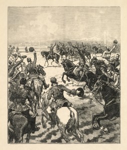Napoleanic Battle Scene by Daniel Vierge, created late 1800s, in lithograph. Download this artwork as a high-resolution wallpaper for desktop, tablet, or mobile