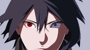 Anime character with red and purple eyes and dark spiky hair looking intensely forward.