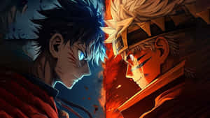 To anime-karakterer låst i en anspændt konfrontation med kontrasterende blå og orange belysning. — Naruto Wallpapers