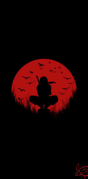 Person meditating in silhouette against a red moon with birds flying. — Naruto Itachi Picture