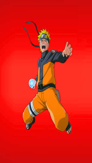 Anime ninja Naruto Uzumaki in midair holding a blue energy ball against red background. — Mobile Banking Picture