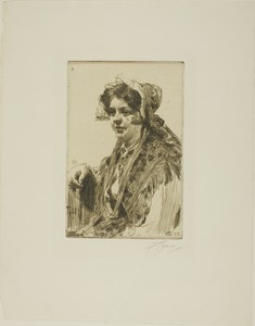 Nåskulla by Anders Zorn, created 1910, in Etching on ivory laid paper. Download this artwork as a high-resolution wallpaper for desktop, tablet, or mobile. — Illustration Background