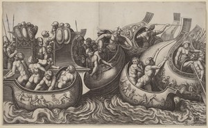 Naval Battle by Meester van de Dobbelsteen, in engraving. Download this artwork as a high-resolution wallpaper for desktop, tablet, or mobile.