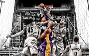 Basketball players in midair contesting a shot against Brooklyn Bridge backdrop. — Basketball Court Wallpaper