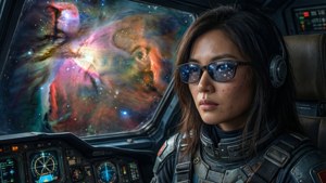 Takopi i et romskip-cockpit med nebelutsikt, sci-fi-bakgrunn