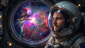 En ESA-astronaut som blickar på en färgglad nebulosa genom ett rymdskeppsfönster