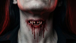 Intense vampyrtænder, der bider i en hals med blod, der drypper, høj kontrast