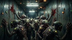 Aliens with glowing eyes press against a blood-splattered metal corridor wall. — Dead Space Picture