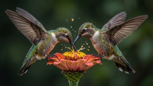Zwei Kolibris in einem dramatischen Luftduell um den Nektar einer Blume.