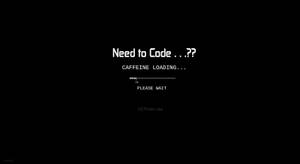 Tela preta com texto pixelado branco mostrando carregamento de cafeína para codificação — Programming Papéis de Parede