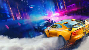 Yellow sports car drifting through neon city streets with police car in pursuit.