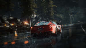 Red sports car speeding through rainy forest at night with motion blur. — Need For Speed World Picture
