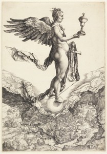 Nemesis by Albrecht Dürer, created 1501–02, in Engraving on white laid paper. Download this artwork as a high-resolution wallpaper for desktop, tablet, or mobil — Art Picture