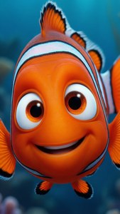 A smiling orange clownfish with white stripes swimming in blue ocean water. — Nemo Background