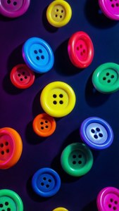 Vibrant floating buttons with drop shadows on dark neon background.
