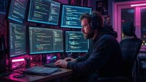 En programmør fordybet i et neonlyst cyberpunk-arbejdsområde.