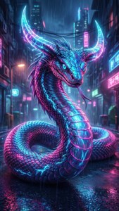 Hornet slange i en cyberpunk gyde med neonblå og lyserøde skæl, holografiske horn og regn.