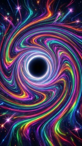 Un fond spatial hypnotique et psychédélique avec un vortex de couleurs néon, des anneaux lumineux et un trou noir.