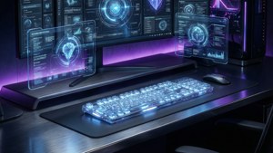 Configuration de bureau futuriste avec écrans holographiques et accents néon pour un fond d'écran tech