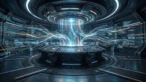 Een futuristische controlekamer met holografische stromen en neonblauwe datavisualisatie.
