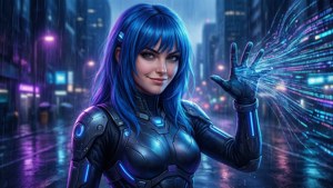 ViciNeko in een cyberpunkstad, die holografische datastromen bestuurt