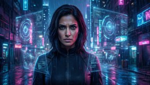 Wallpaper cyberpunk dari Prajna di kota futuristik yang penuh dengan hologram dan neon