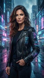 Vanessa Lengies som en cyberpunk-karakter i en neon-opplyst fremtidsby.