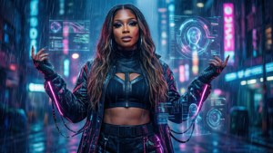 Kiyah Wright i cyberpunk-fremtid med neonskilte og regn