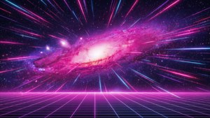En retro synthwave-inspirert rosa og lilla galakse med neonlys og rutenett.