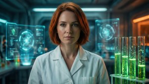 Un scientifique futuriste dans un environnement de laboratoire lumineux