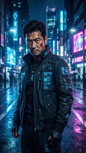 Asahachi Kono sebagai figur cyberpunk di jalan kota yang hujan dengan lampu neon di malam hari dengan pantulan holografik