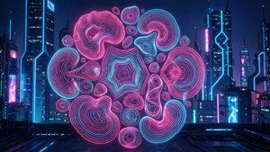 Orgaaniset kaaret hehkuvat neonpinkkinä ja sinisenä, järjestetty geometriseen kyberpunk-tyyliin.