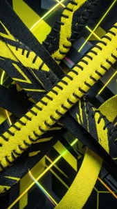Um padrão de arte digital abstrato de cadarços de softball amarelos e pretos com brilho neon, estilo cyberpunk.