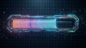 En futuristisk lasteskjerm med glødende neonlinjer på et mørkt rutenett.