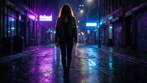 Silhouette cupa di una ragazza contro insegna al neon in notte piovosa, atmosfera cyberpunk