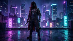Omen på et regnvått neontak i cyberpunk-stil