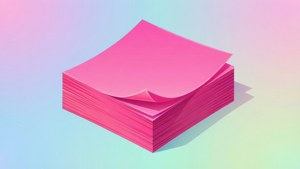 Verspielte digitale Illustration eines Stapels neonpinker Post-it-Notizen auf pastellfarbenem Hintergrund.