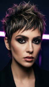 Close-up portrait of a woman with a trendy Karen pixie cut under neon lights.