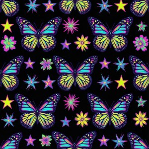 Y2K repeating pattern with butterflies, stars, flowers.
