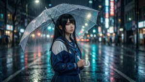 Isla under an umbrella in a neon-lit rainy city street at night.