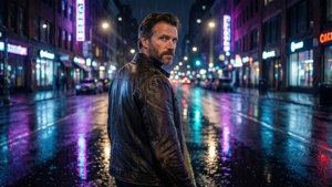 Christian Forssell i en neonlyst cyberpunk byscene om natten