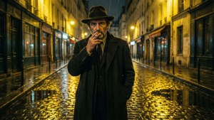 Michel Dissard dans une rue pluvieuse de Paris la nuit avec des reflets néon