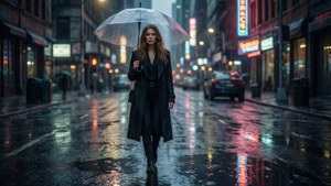 Suki Waterhouse dans un paysage urbain pluvieux illuminé au néon la nuit.