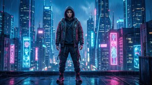 C.C. met uitzicht over een cyberpunk-stadslandschap bij nacht.