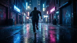 Una vista en primera persona al estilo cyberpunk de una persona corriendo por un callejón de la ciudad iluminado con neón por la noche.