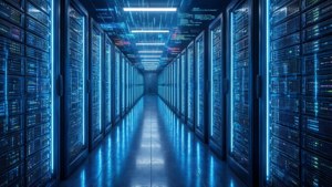 Ein Cyberpunk-Serverraum mit endlosen neonbeleuchteten Racks und Datenströmen.