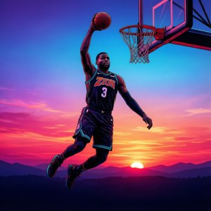 Minimalist silhouette of Zion Williamson dunking against a neon sunset
